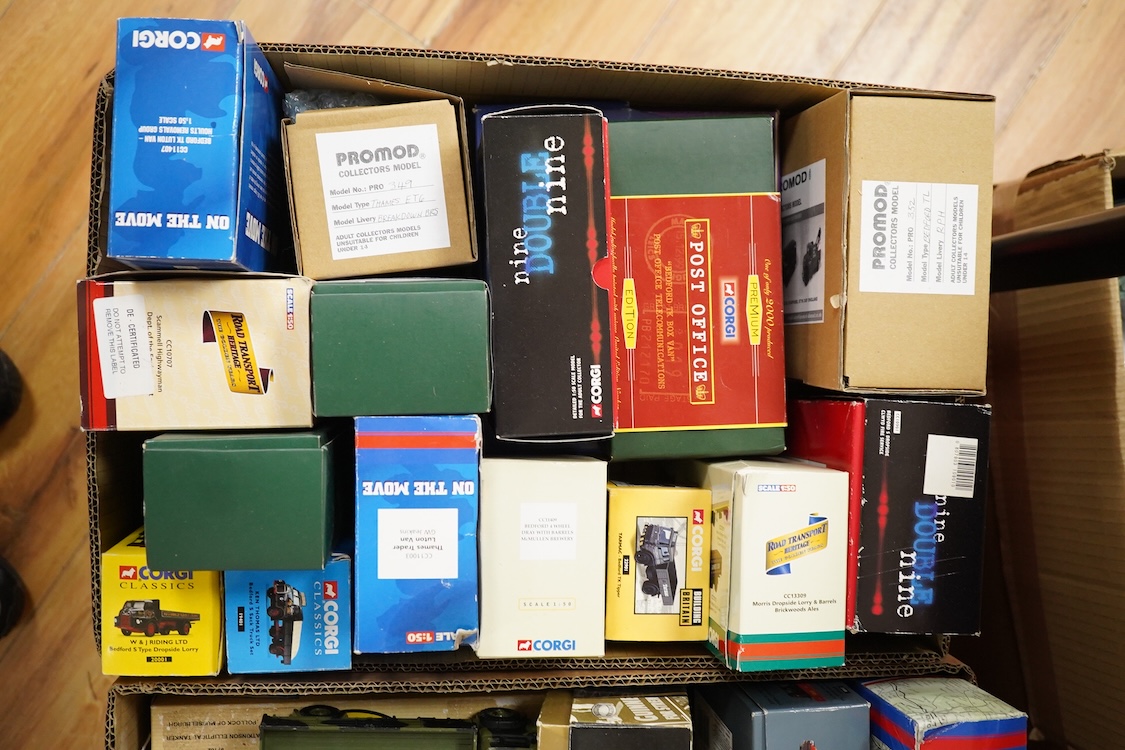 Forty boxed diecast commercial vehicles by Corgi, Corgi Classics, etc., including vehicles from the Guinness series, Vintage Glory of Steam, Eddie Stobart, etc., together with a few repainted Dinky Toys, including a Fode